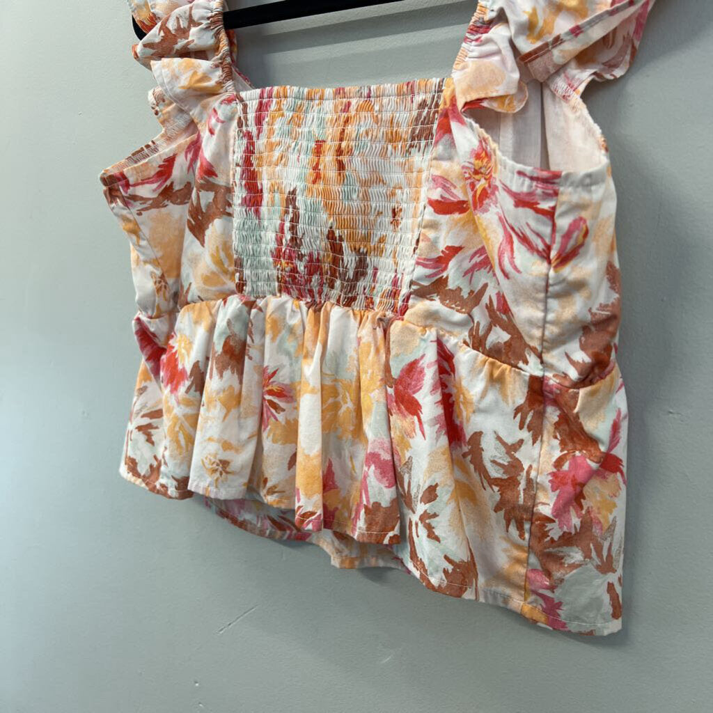 Abercrombie and Fitch White/ Orange Print Cropped Short Ruffle Sleeve Top Large