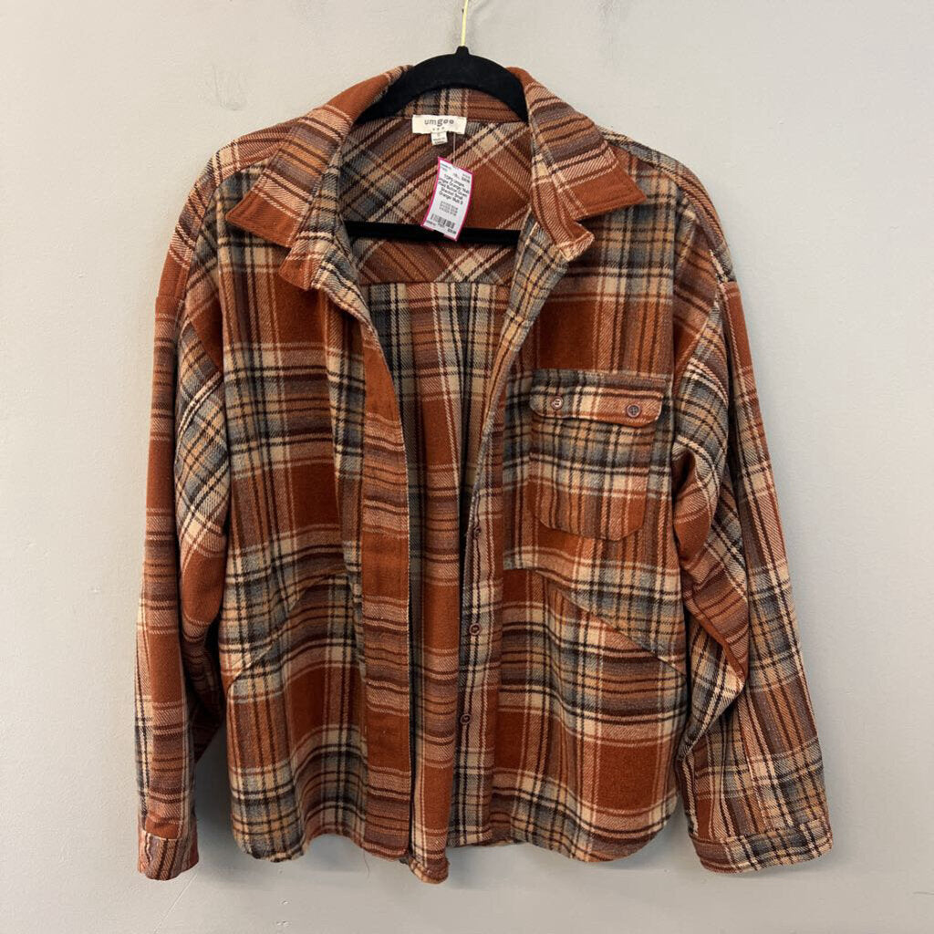 Umgee Orange/ Multi Plaid Button Down Shacket Small