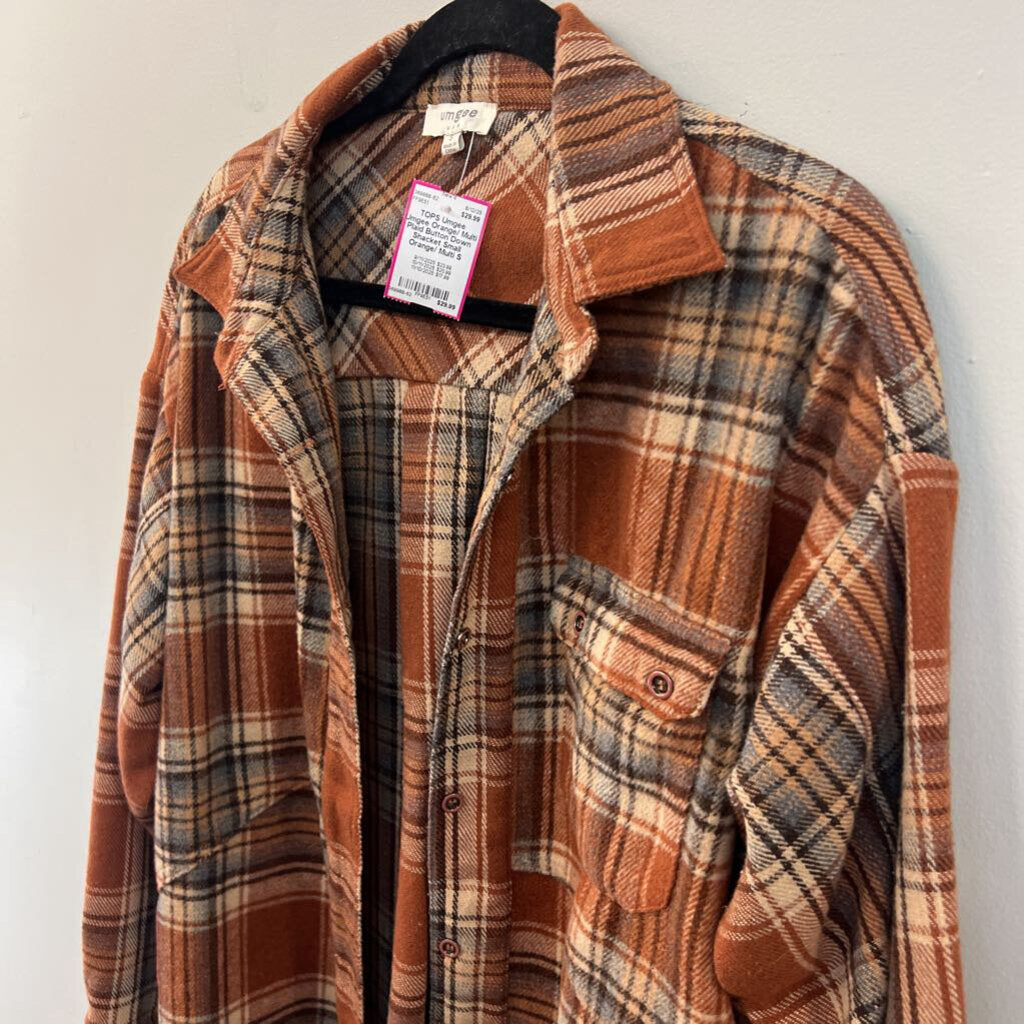 Umgee Orange/ Multi Plaid Button Down Shacket Small