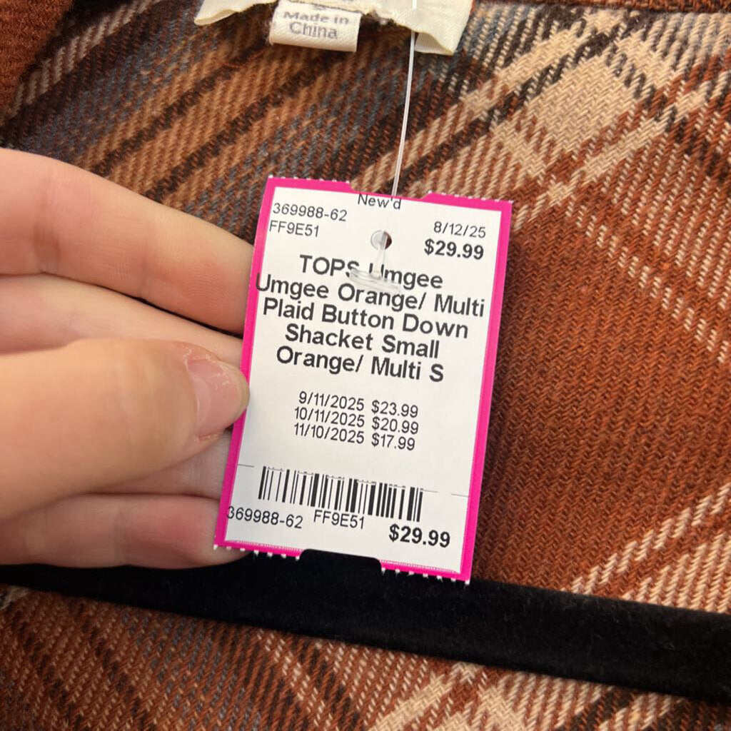 Umgee Orange/ Multi Plaid Button Down Shacket Small
