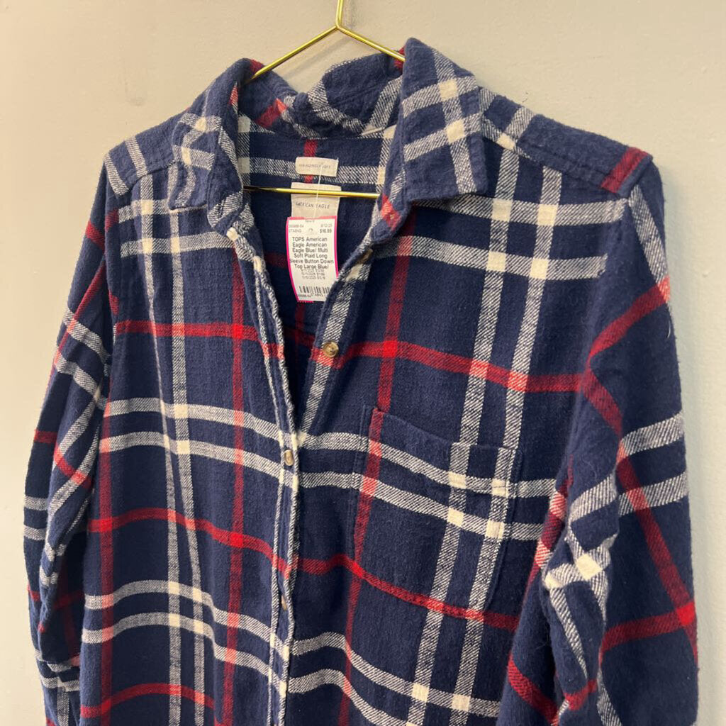 American Eagle Blue/ Multi Soft Plaid Long Sleeve Button Down Top Large