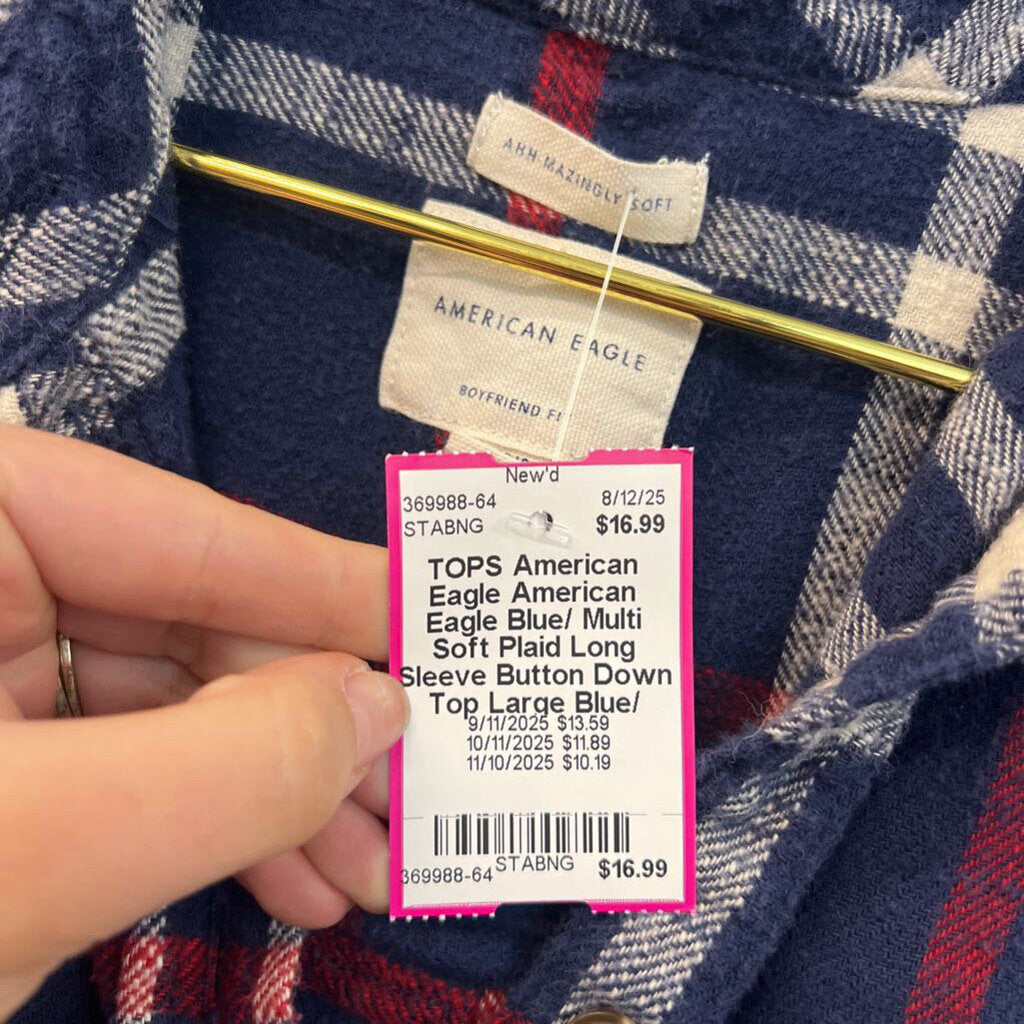 American Eagle Blue/ Multi Soft Plaid Long Sleeve Button Down Top Large