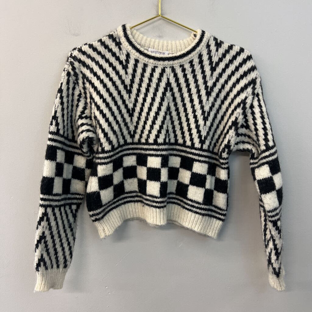 Vestique Cream/ Black Print Cropped Long Sleeve Sweater Top Medium