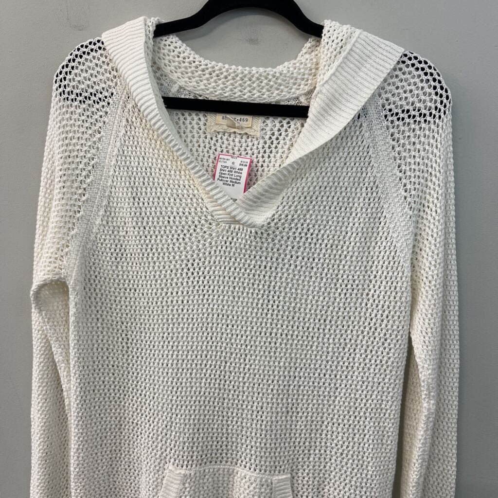 Shirt 469 White Open Knit Long Sleeve Hooded Pullover Medium