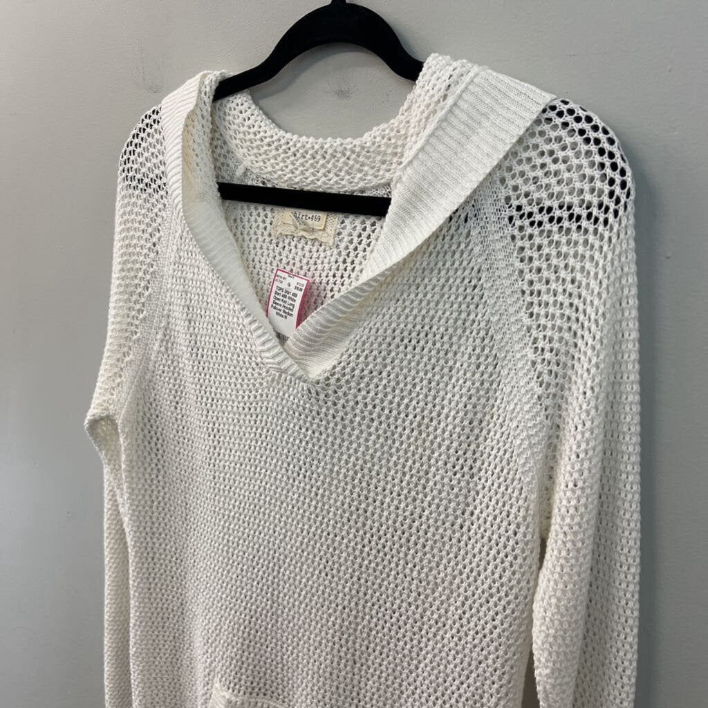 Shirt 469 White Open Knit Long Sleeve Hooded Pullover Medium