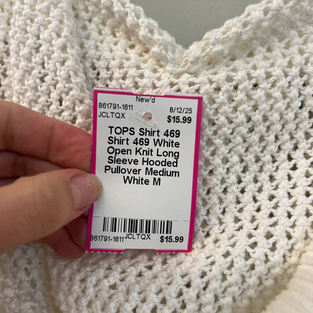 Shirt 469 White Open Knit Long Sleeve Hooded Pullover Medium
