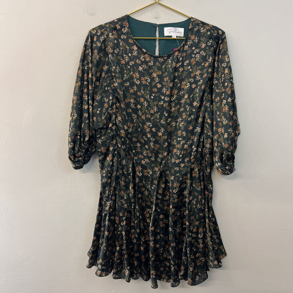Sweet Lemon Green/ Brown Print Long Sleeve Silky Dress Small