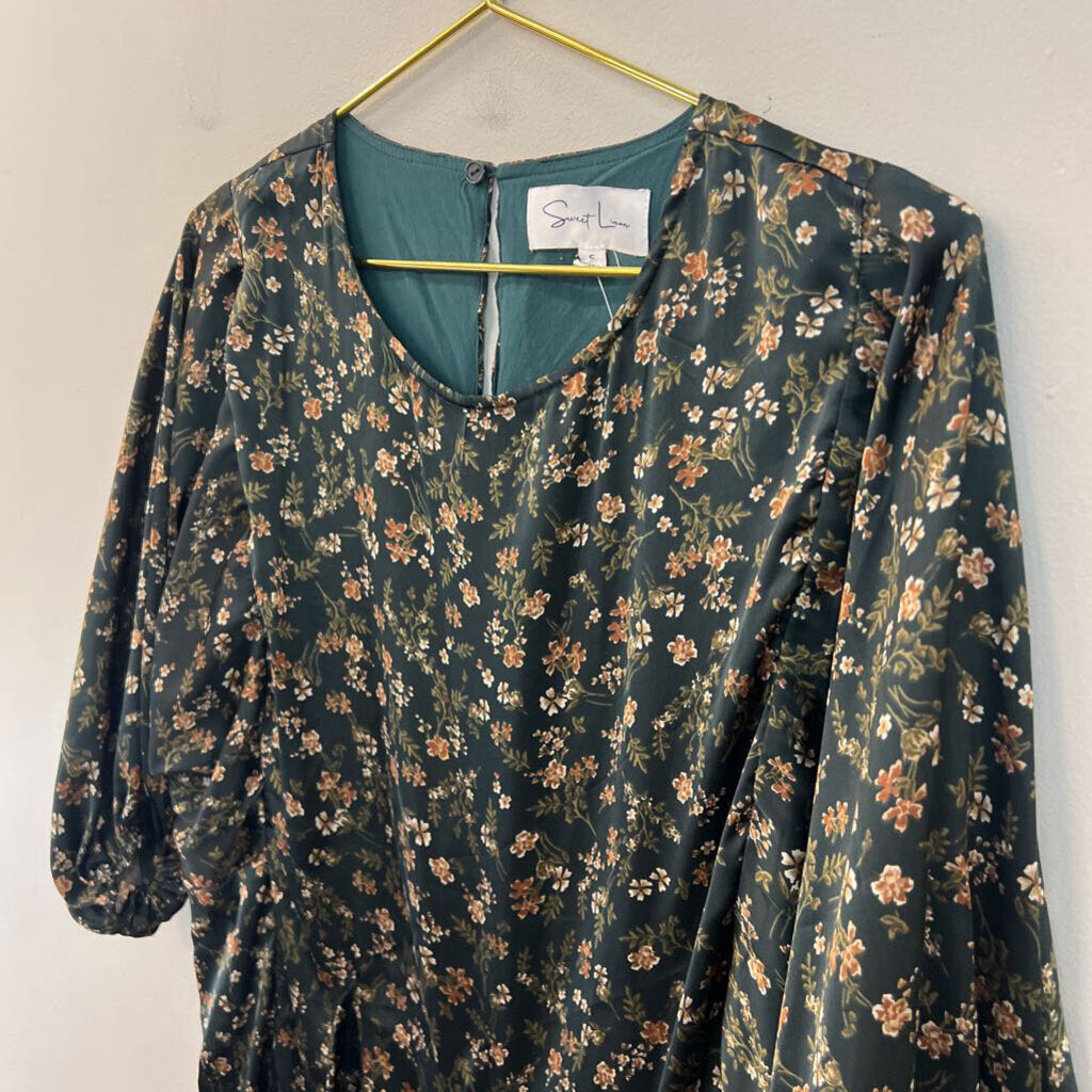 Sweet Lemon Green/ Brown Print Long Sleeve Silky Dress Small