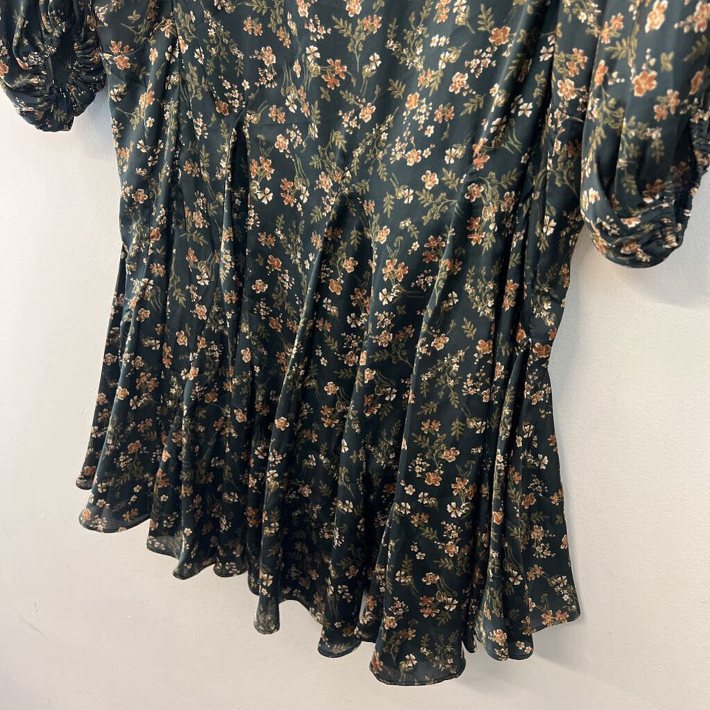Sweet Lemon Green/ Brown Print Long Sleeve Silky Dress Small