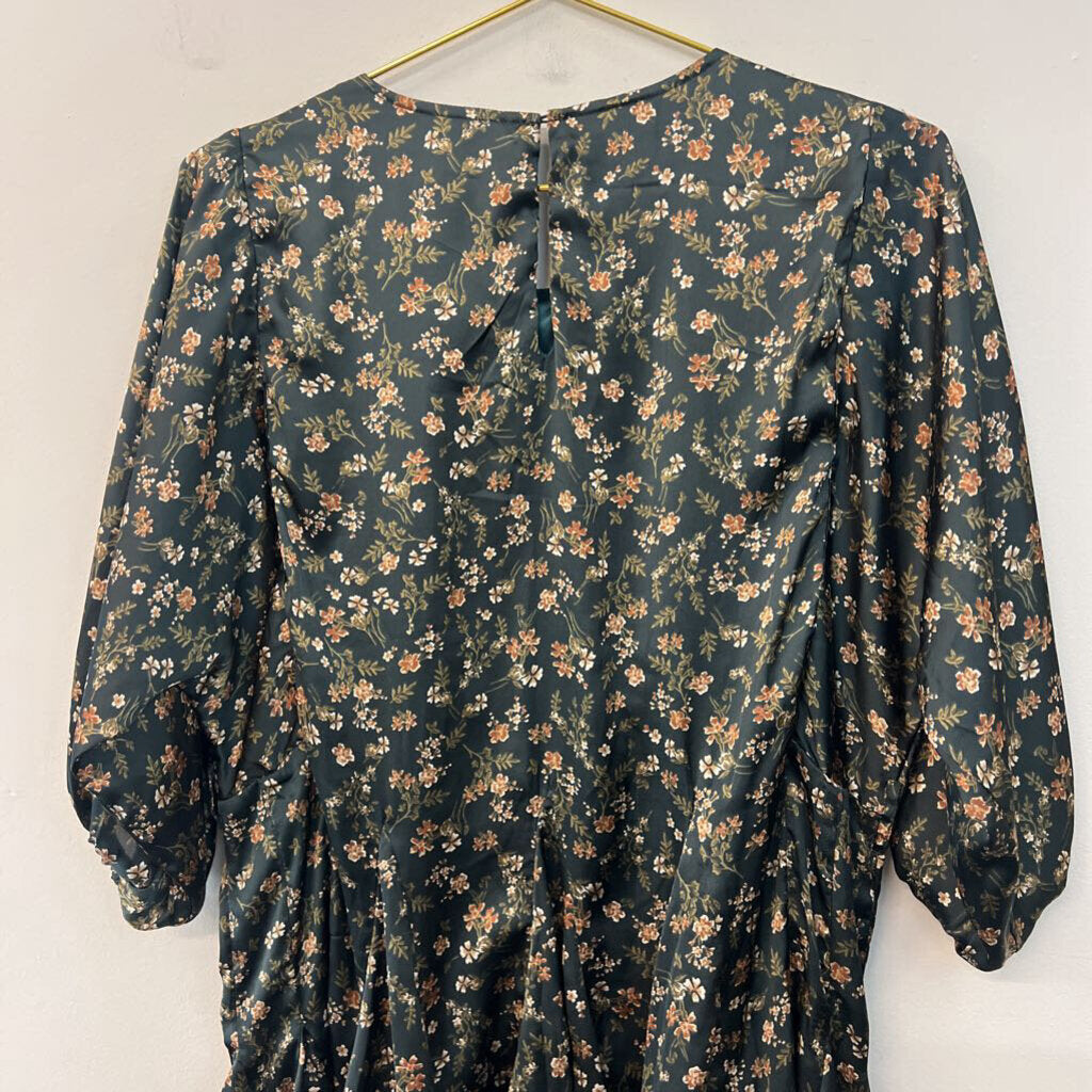 Sweet Lemon Green/ Brown Print Long Sleeve Silky Dress Small