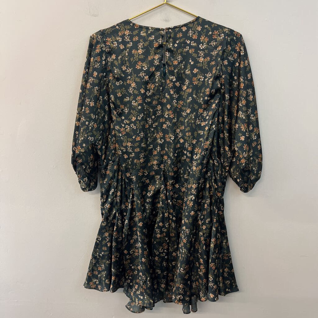 Sweet Lemon Green/ Brown Print Long Sleeve Silky Dress Small