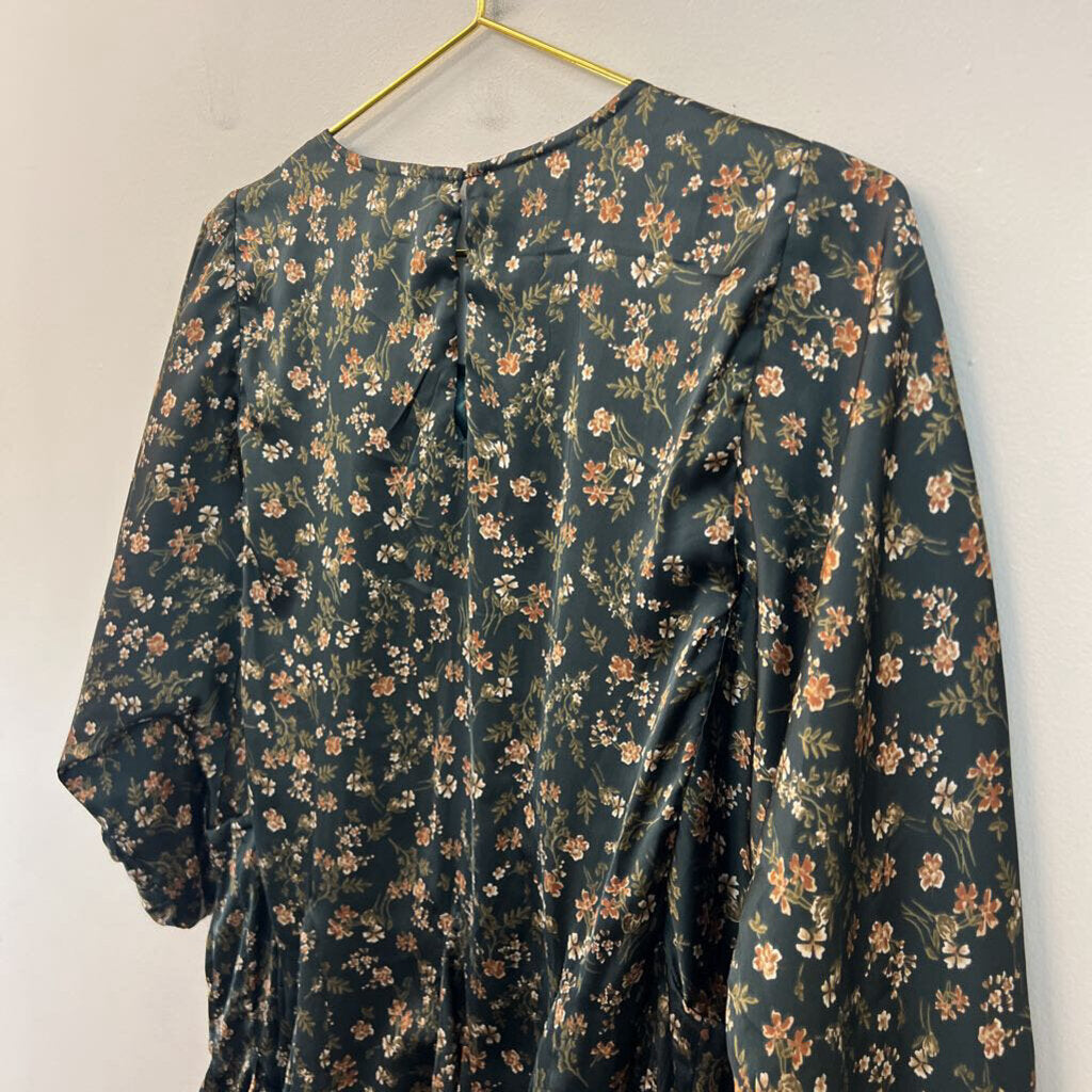 Sweet Lemon Green/ Brown Print Long Sleeve Silky Dress Small