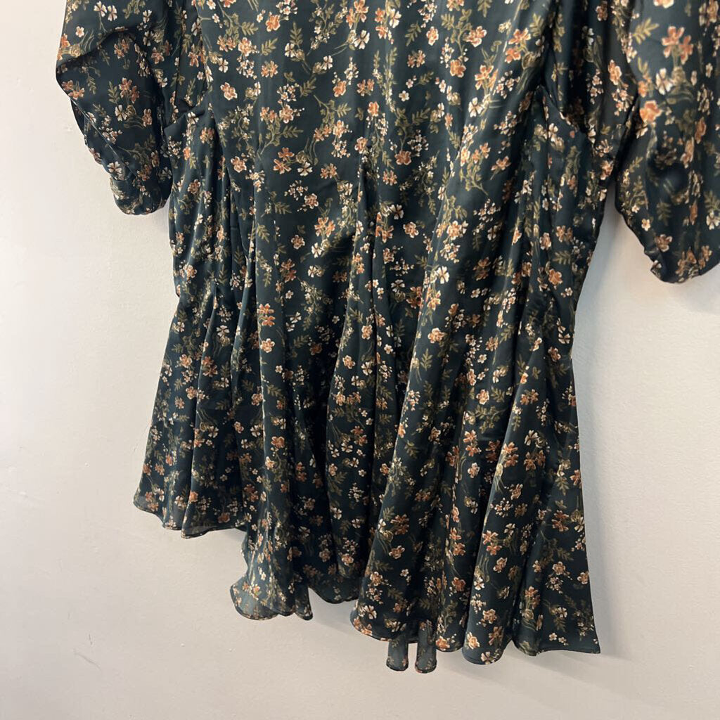 Sweet Lemon Green/ Brown Print Long Sleeve Silky Dress Small