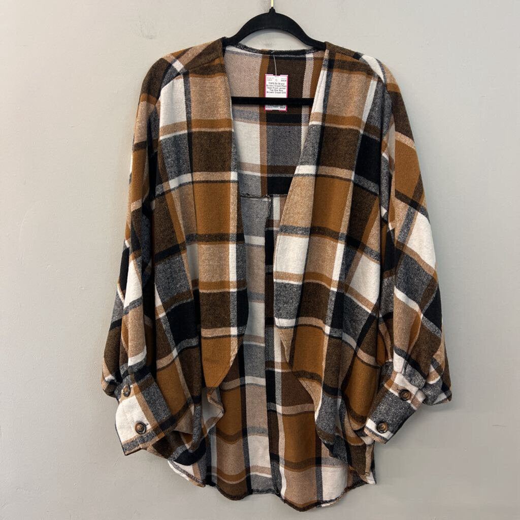Brown/ Cream Plaid Open Front Jacket Top One Size