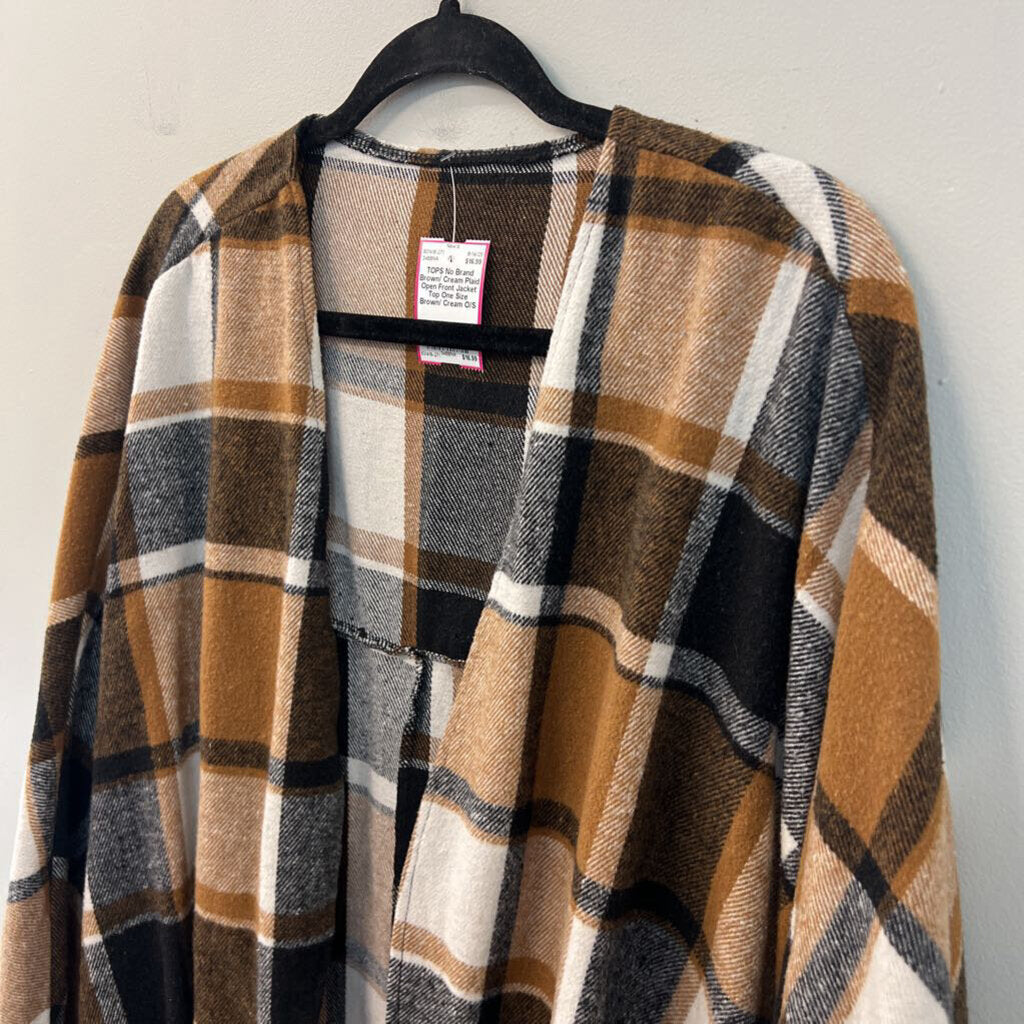 Brown/ Cream Plaid Open Front Jacket Top One Size