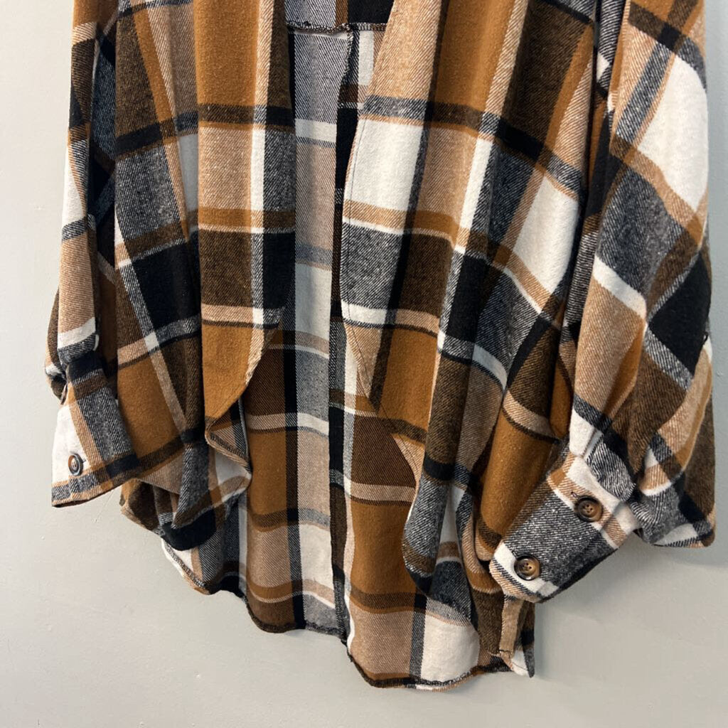 Brown/ Cream Plaid Open Front Jacket Top One Size
