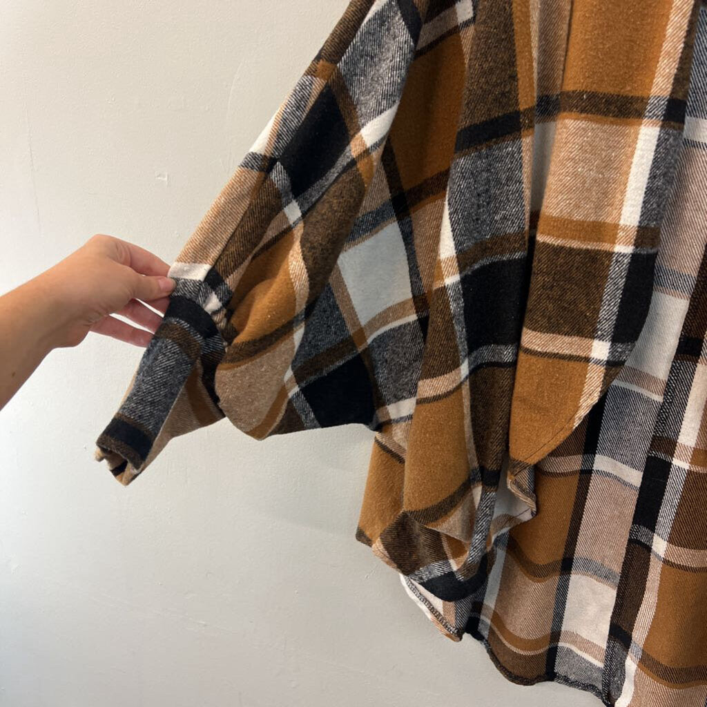 Brown/ Cream Plaid Open Front Jacket Top One Size