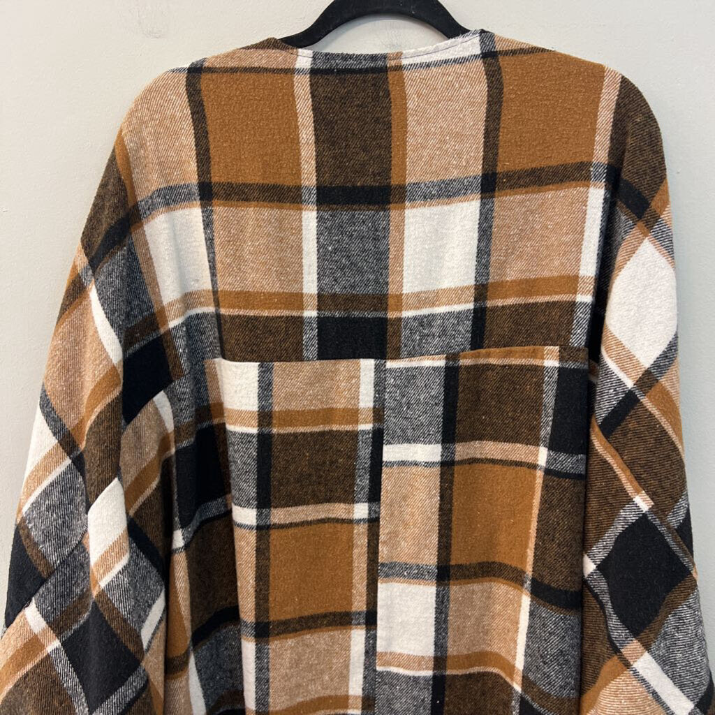 Brown/ Cream Plaid Open Front Jacket Top One Size