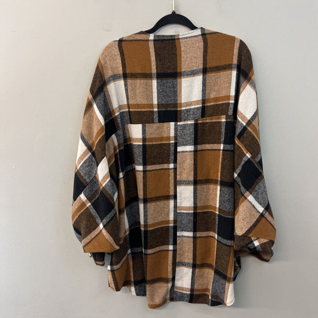 Brown/ Cream Plaid Open Front Jacket Top One Size