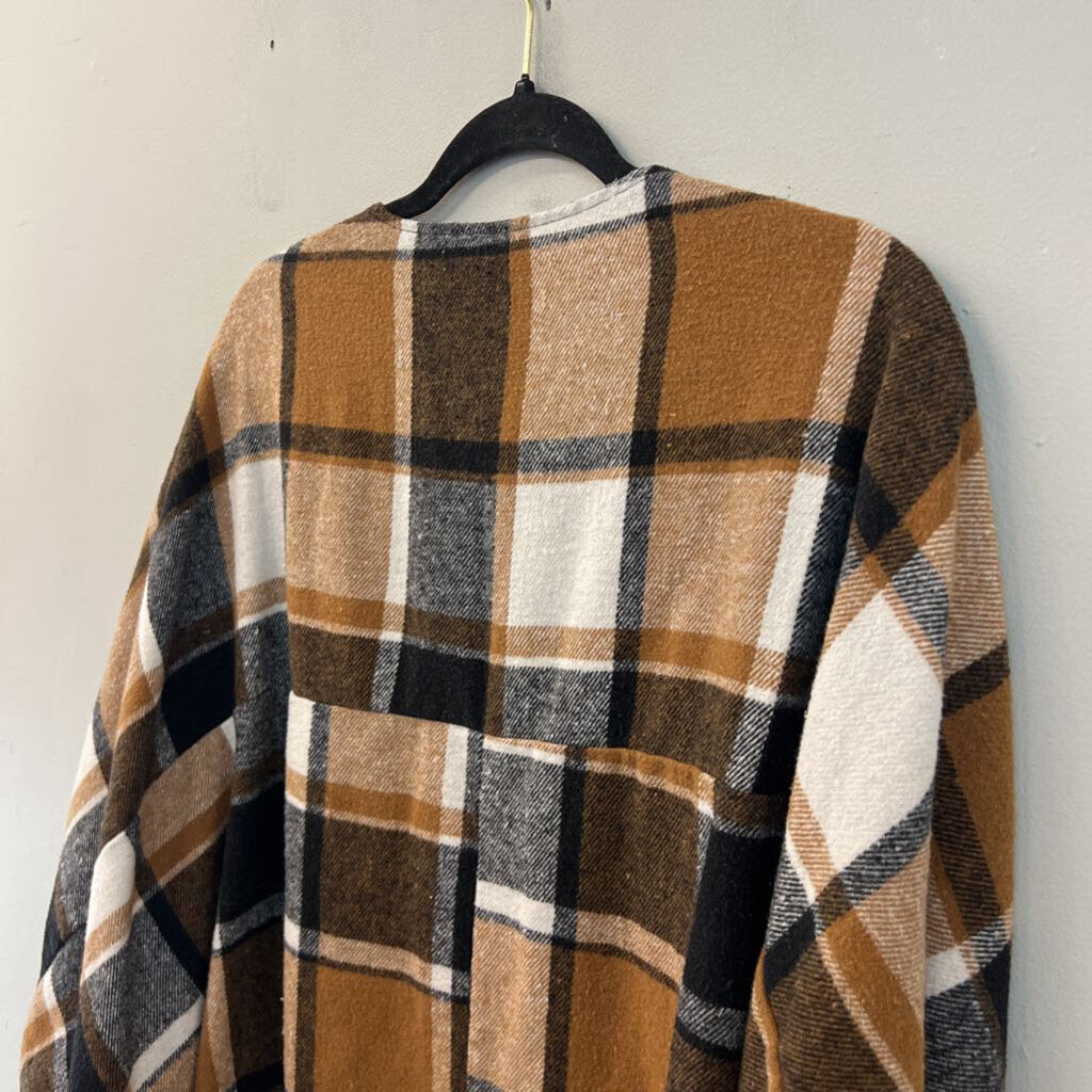 Brown/ Cream Plaid Open Front Jacket Top One Size