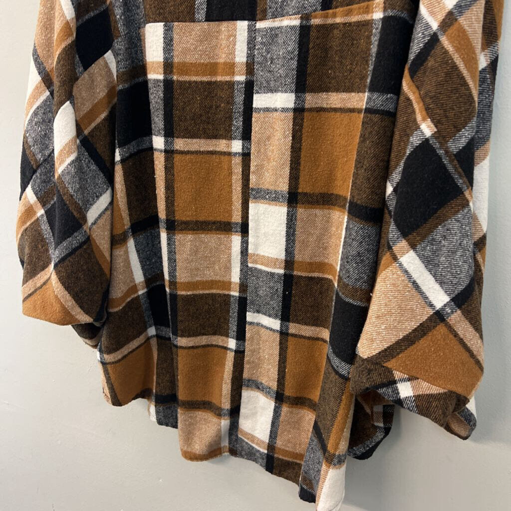 Brown/ Cream Plaid Open Front Jacket Top One Size