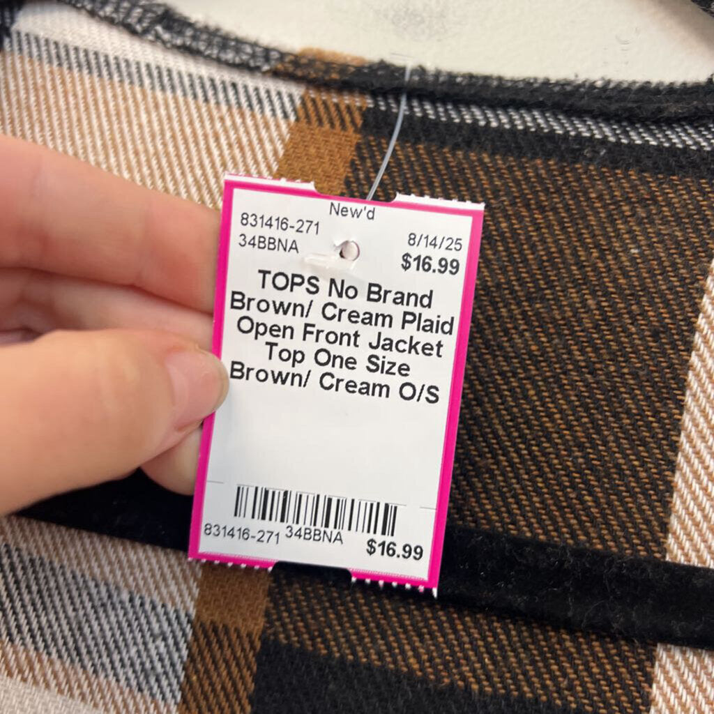 Brown/ Cream Plaid Open Front Jacket Top One Size