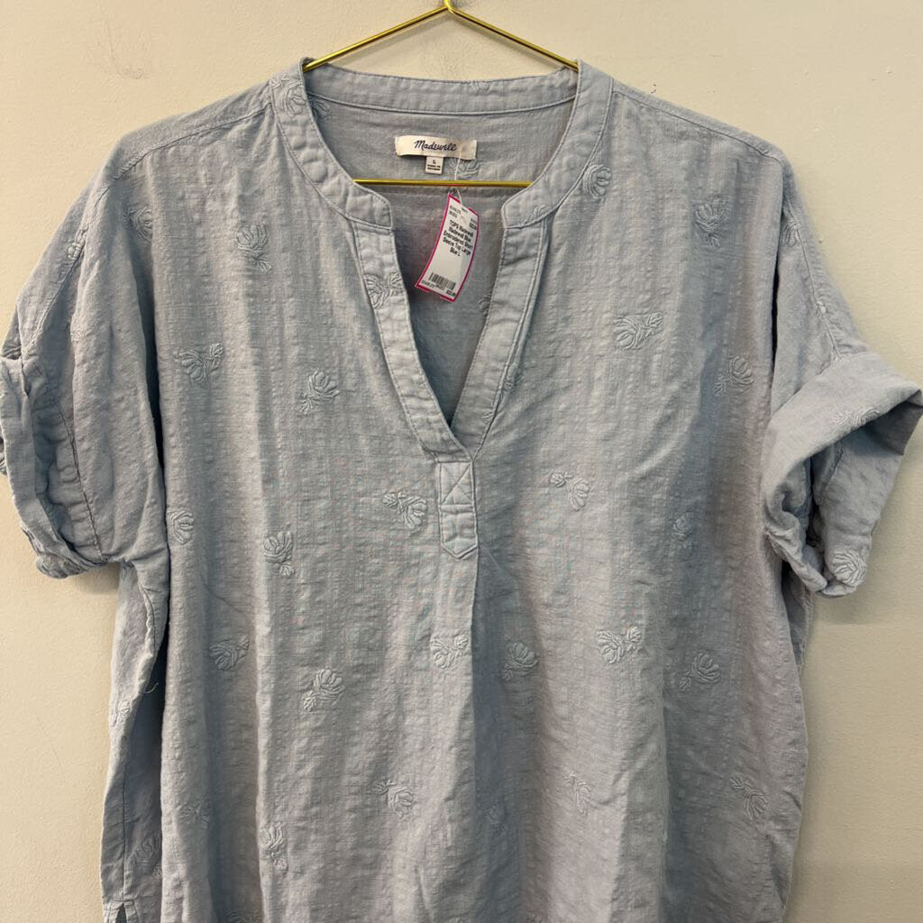 Madewell Blue Embroidered Short Sleeve Top Large