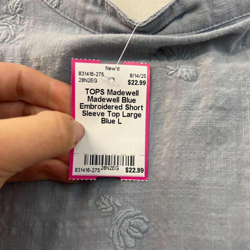 Madewell Blue Embroidered Short Sleeve Top Large
