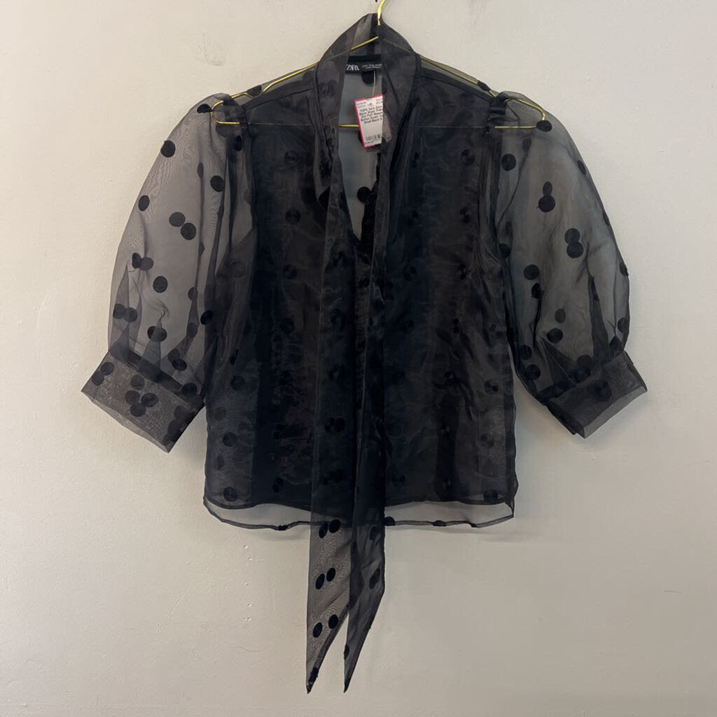 Zara Black Sheer Polka Dot Puff Sleeve Button Down Top Small
