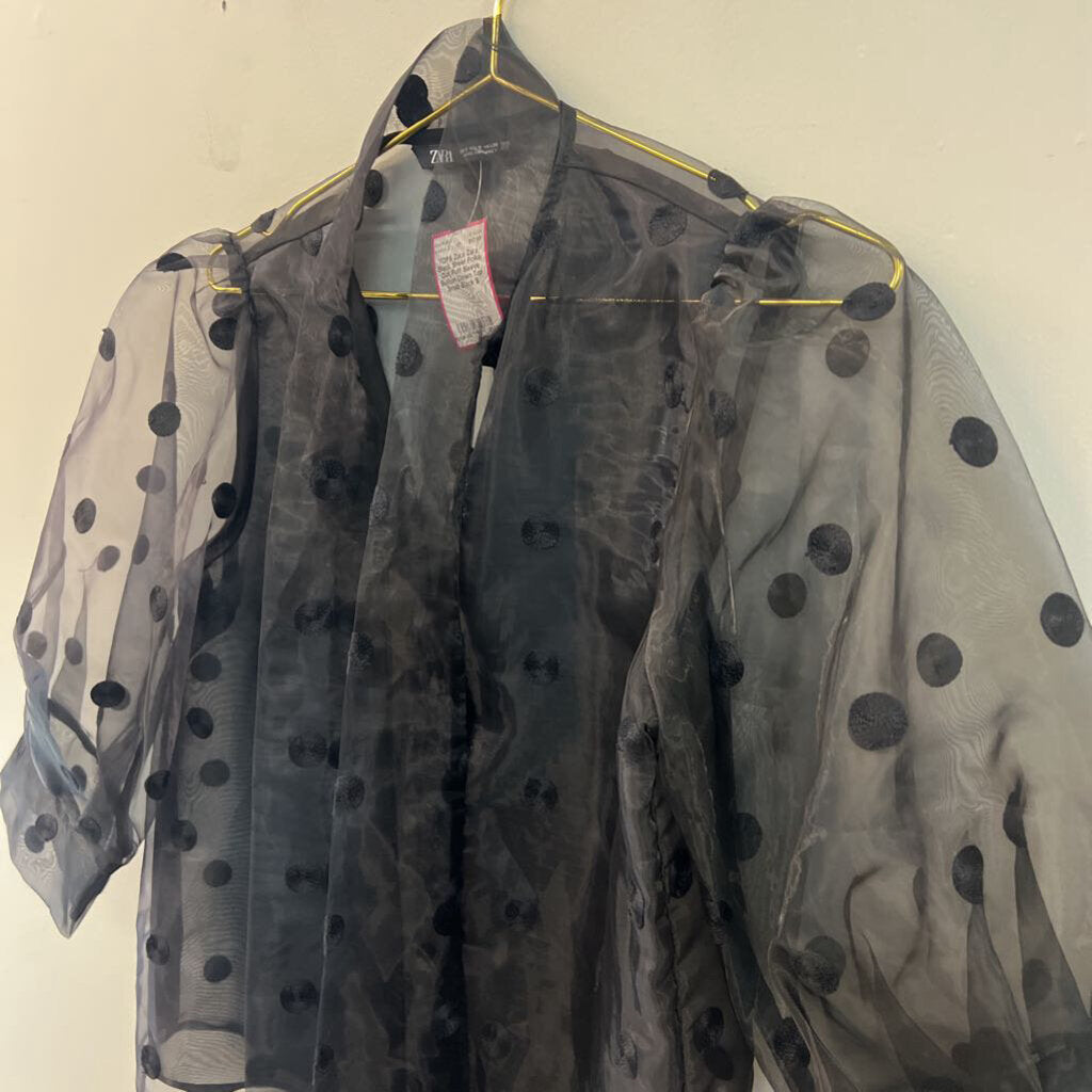 Zara Black Sheer Polka Dot Puff Sleeve Button Down Top Small