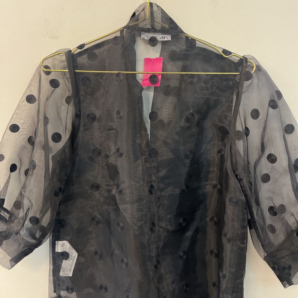 Zara Black Sheer Polka Dot Puff Sleeve Button Down Top Small