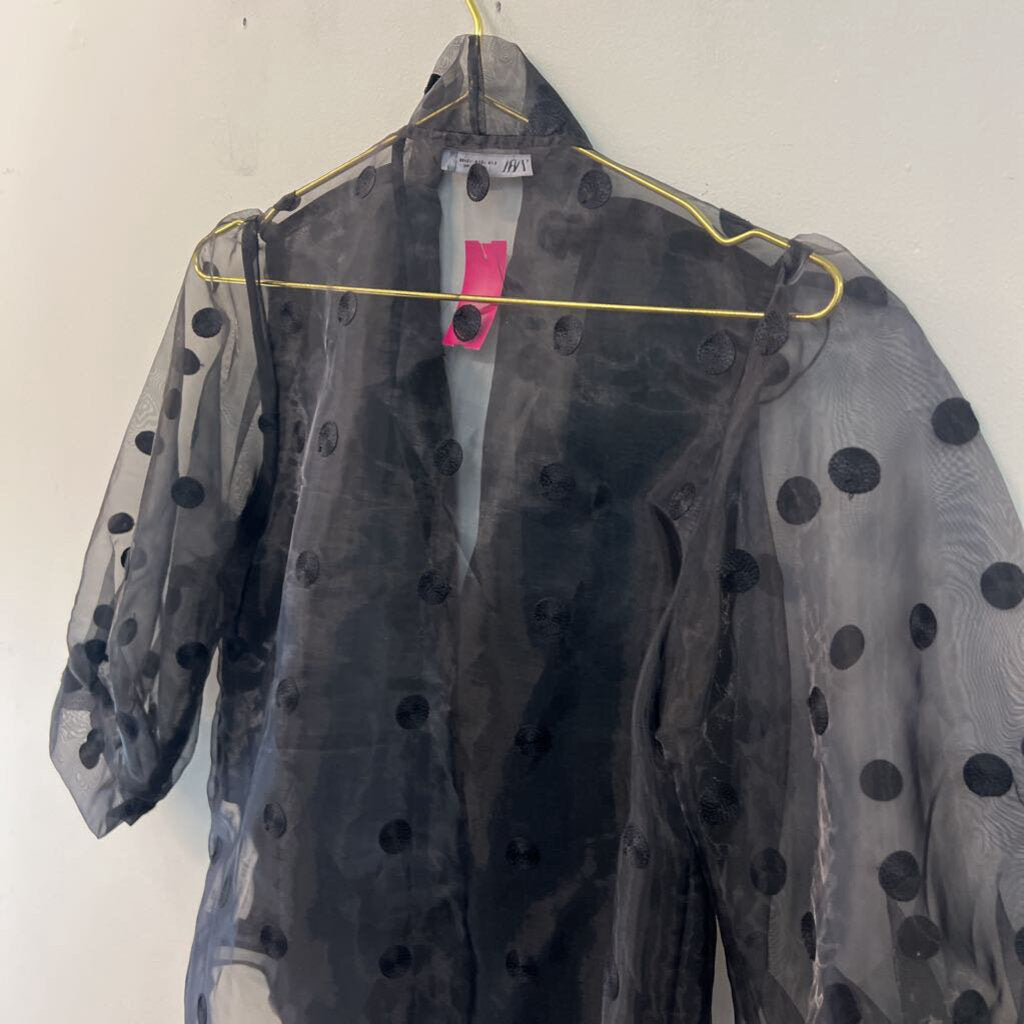 Zara Black Sheer Polka Dot Puff Sleeve Button Down Top Small