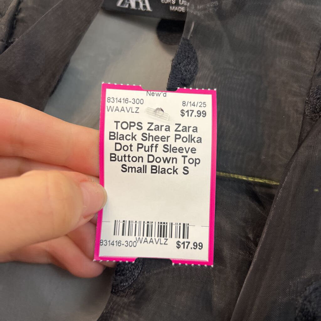 Zara Black Sheer Polka Dot Puff Sleeve Button Down Top Small