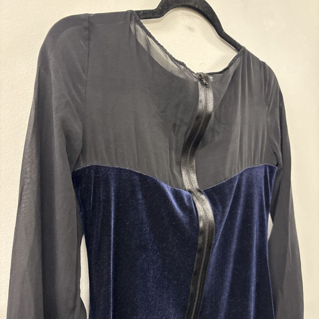 Donna Morgan Black Sheer Long Sleeve Blue Velvet Short Formal Dress 4