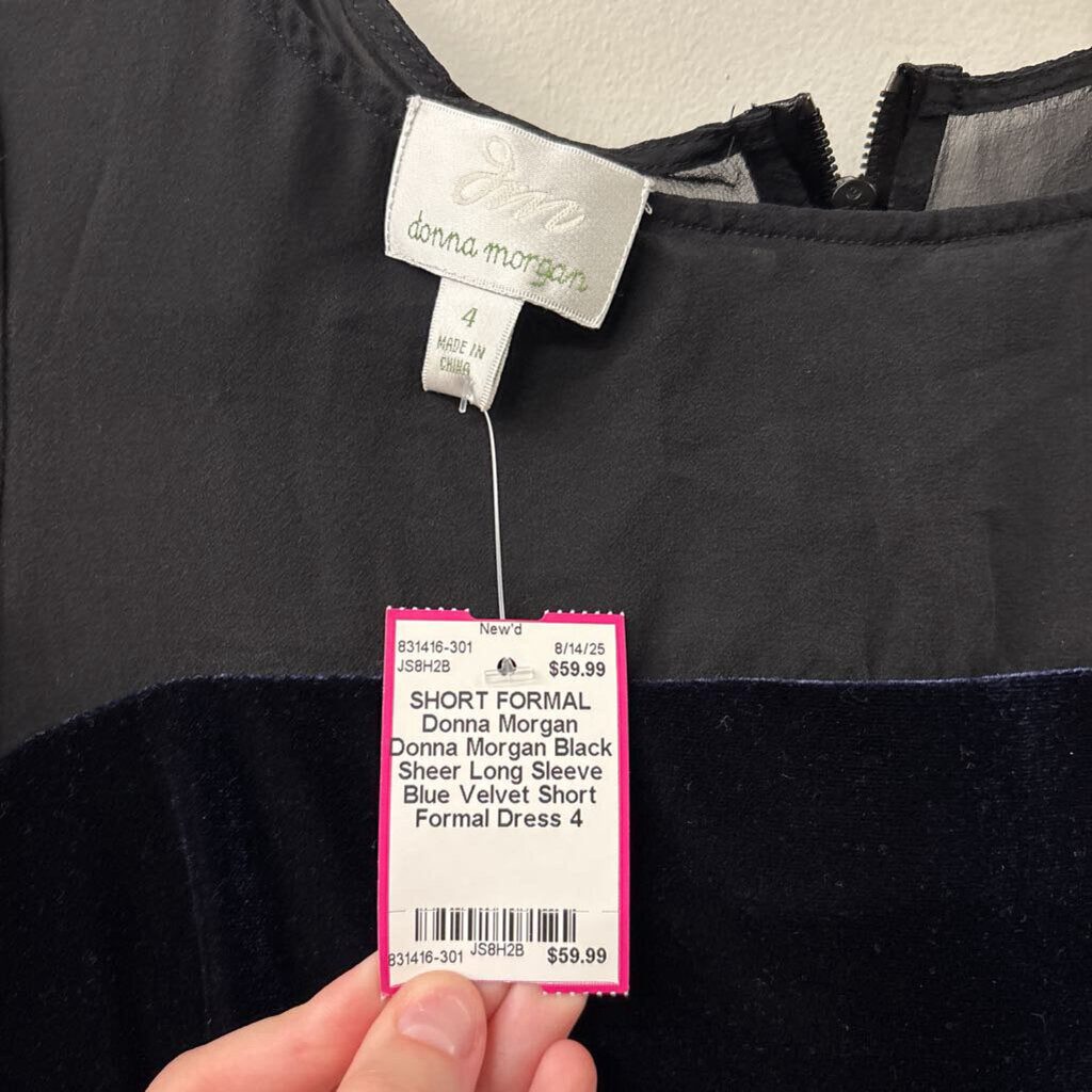 Donna Morgan Black Sheer Long Sleeve Blue Velvet Short Formal Dress 4