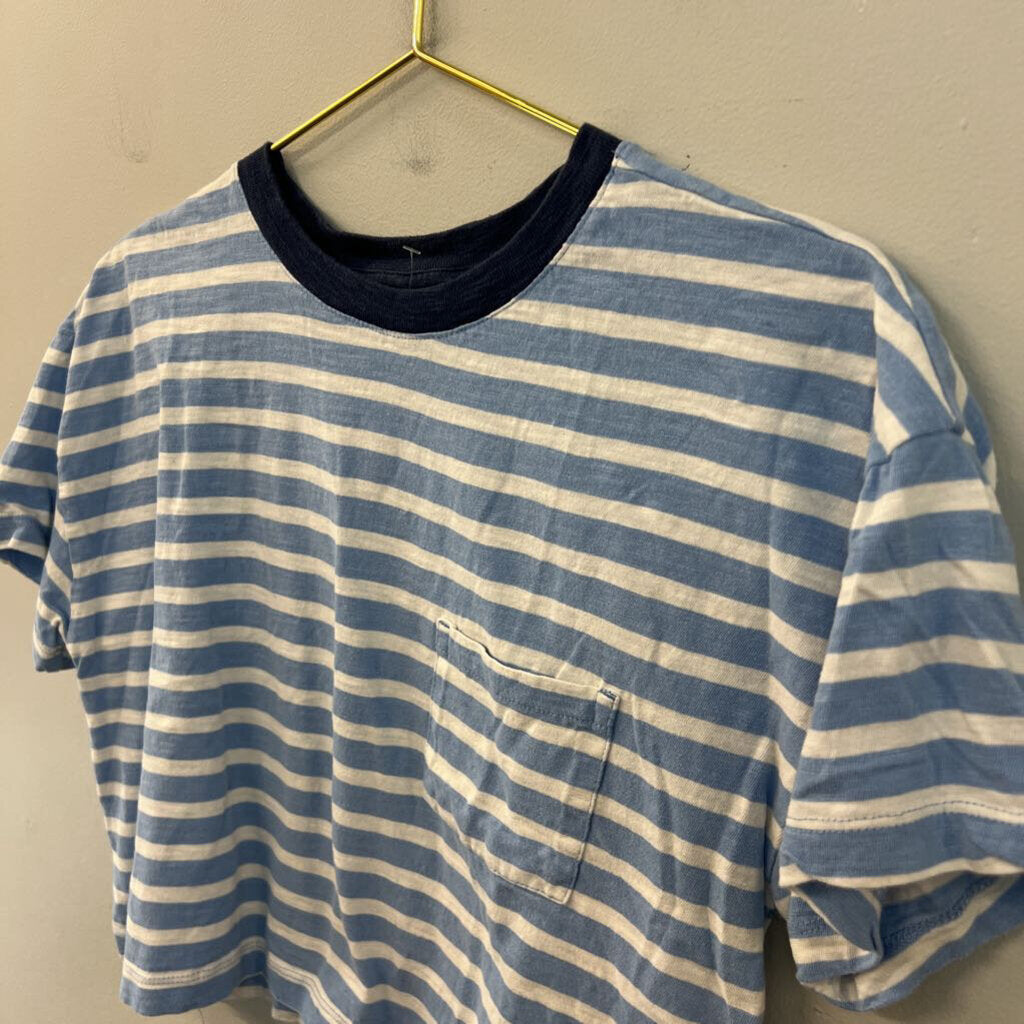 Free Assembly Blue/ White Cropped Striped Short Sleeve Top Medium