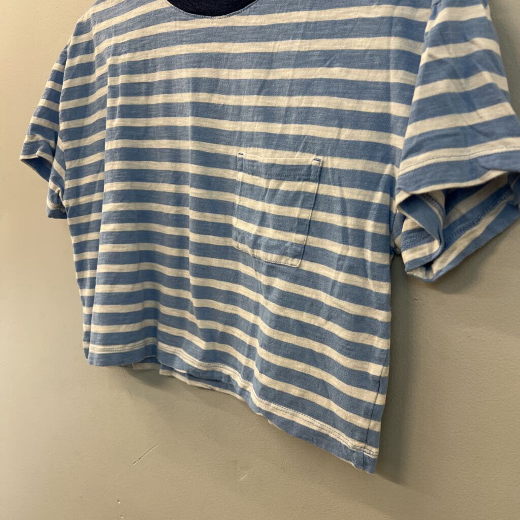 Free Assembly Blue/ White Cropped Striped Short Sleeve Top Medium
