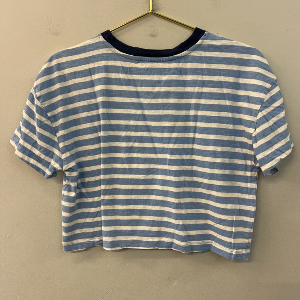 Free Assembly Blue/ White Cropped Striped Short Sleeve Top Medium