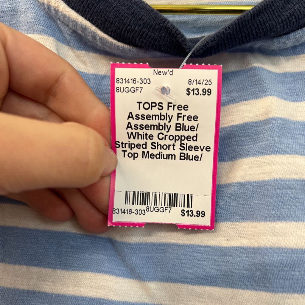 Free Assembly Blue/ White Cropped Striped Short Sleeve Top Medium