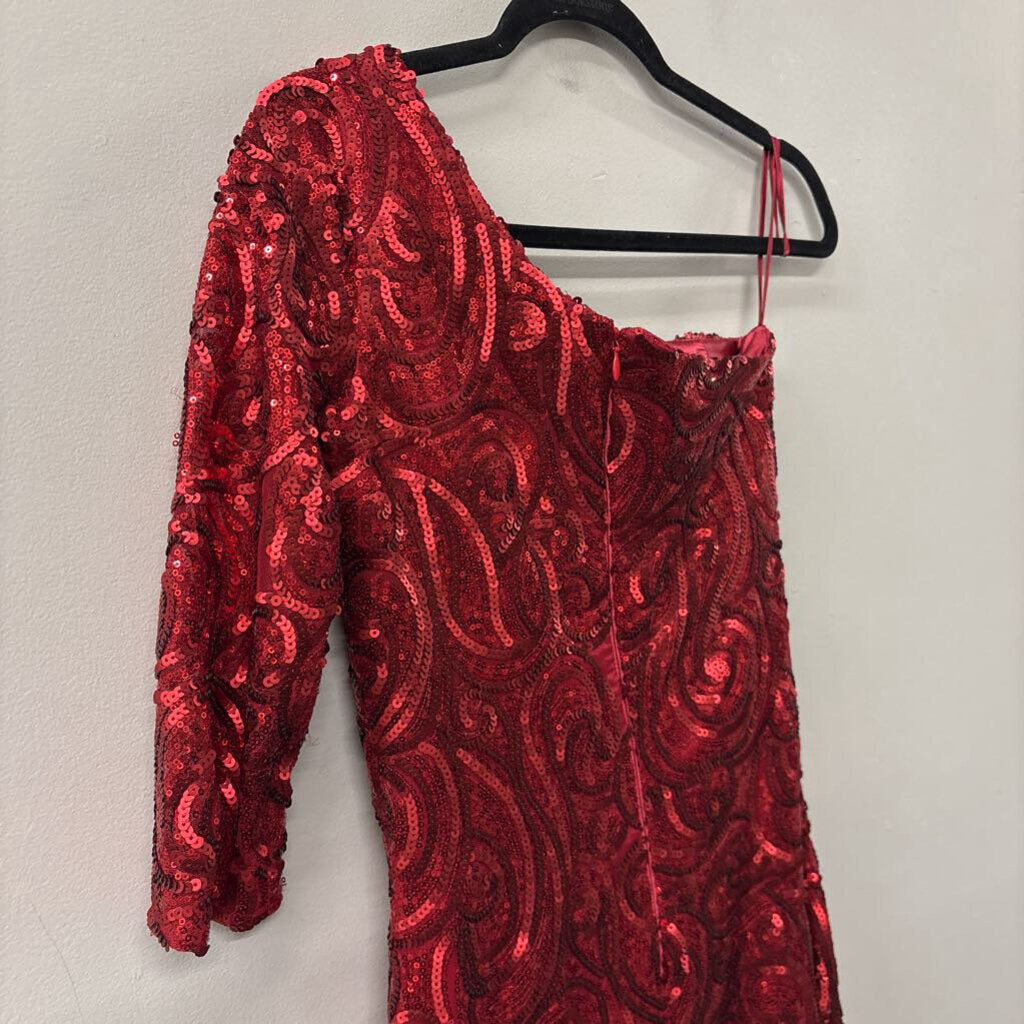 Rue de la Paix Red Sequin Long Sleeve One Shoulder Short Formal Dress 0