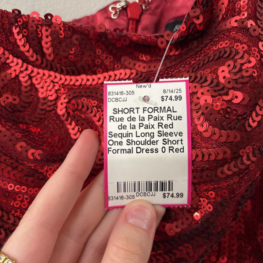 Rue de la Paix Red Sequin Long Sleeve One Shoulder Short Formal Dress 0