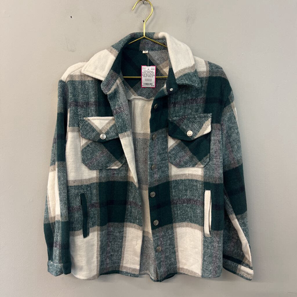 Green/ White Plaid Long Sleeve Button Down Shacket Small