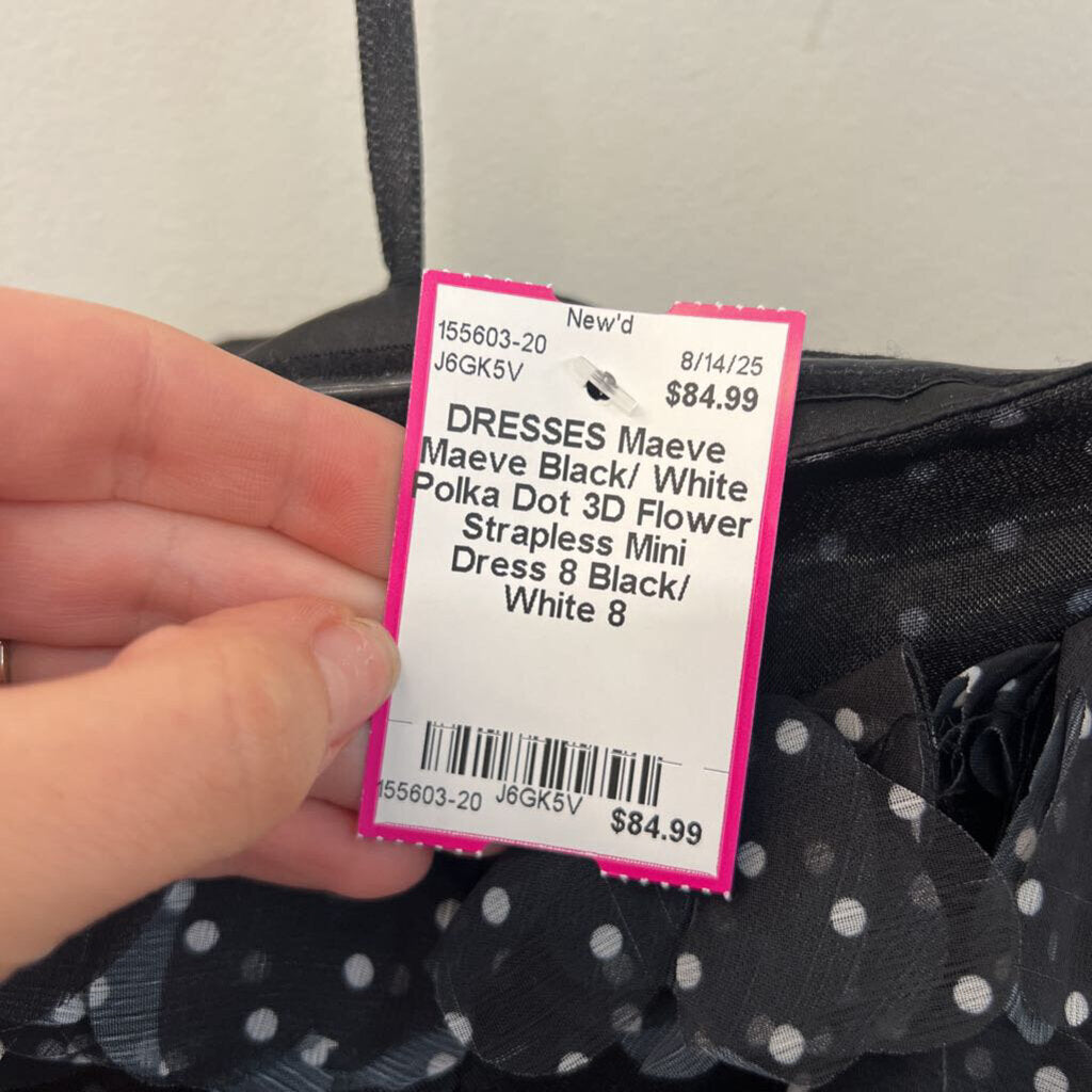 Maeve Black/ White Polka Dot 3D Flower Strapless Mini Dress 8