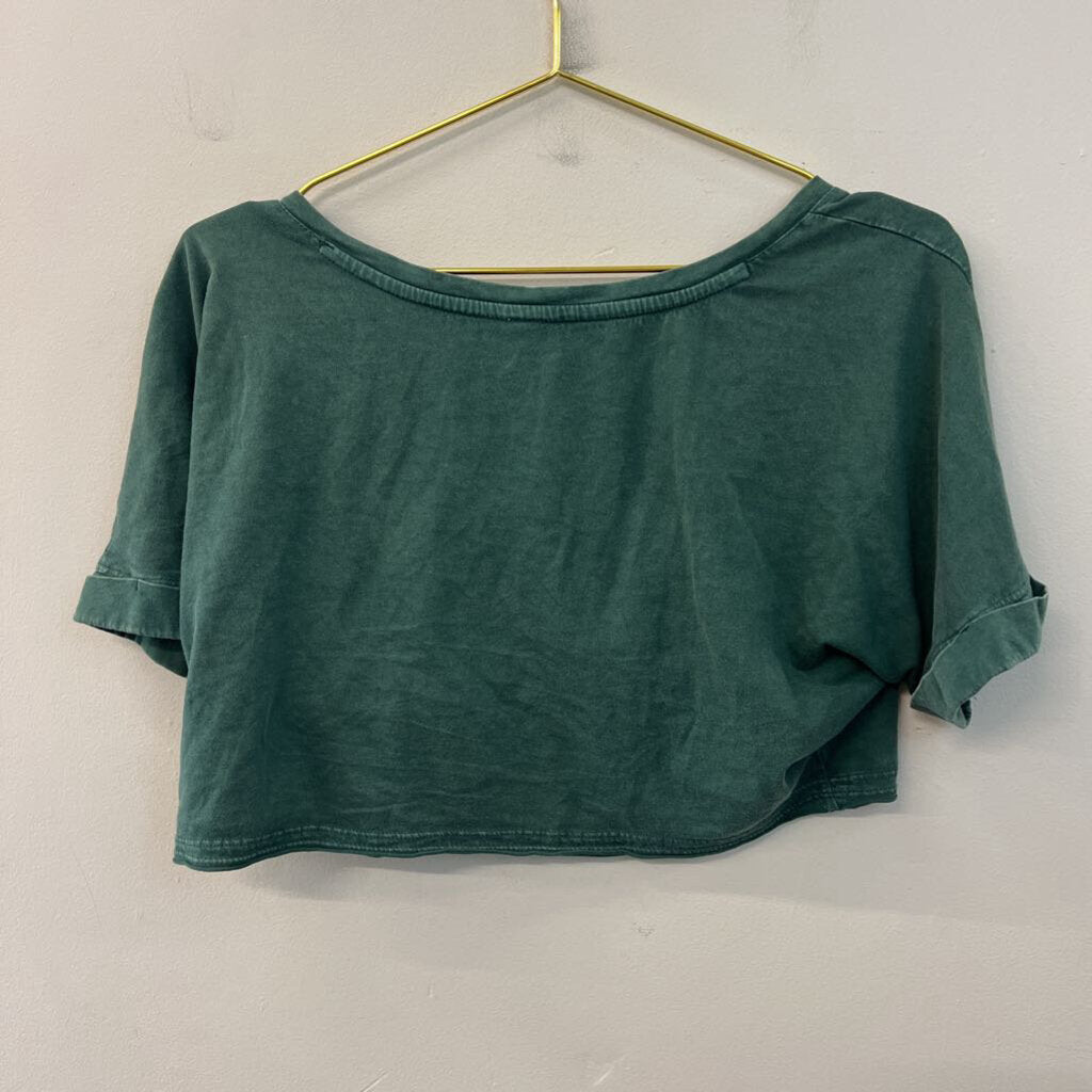 Daily Practice Green Cropped Knot Open Front Short Sleeve Top Medium