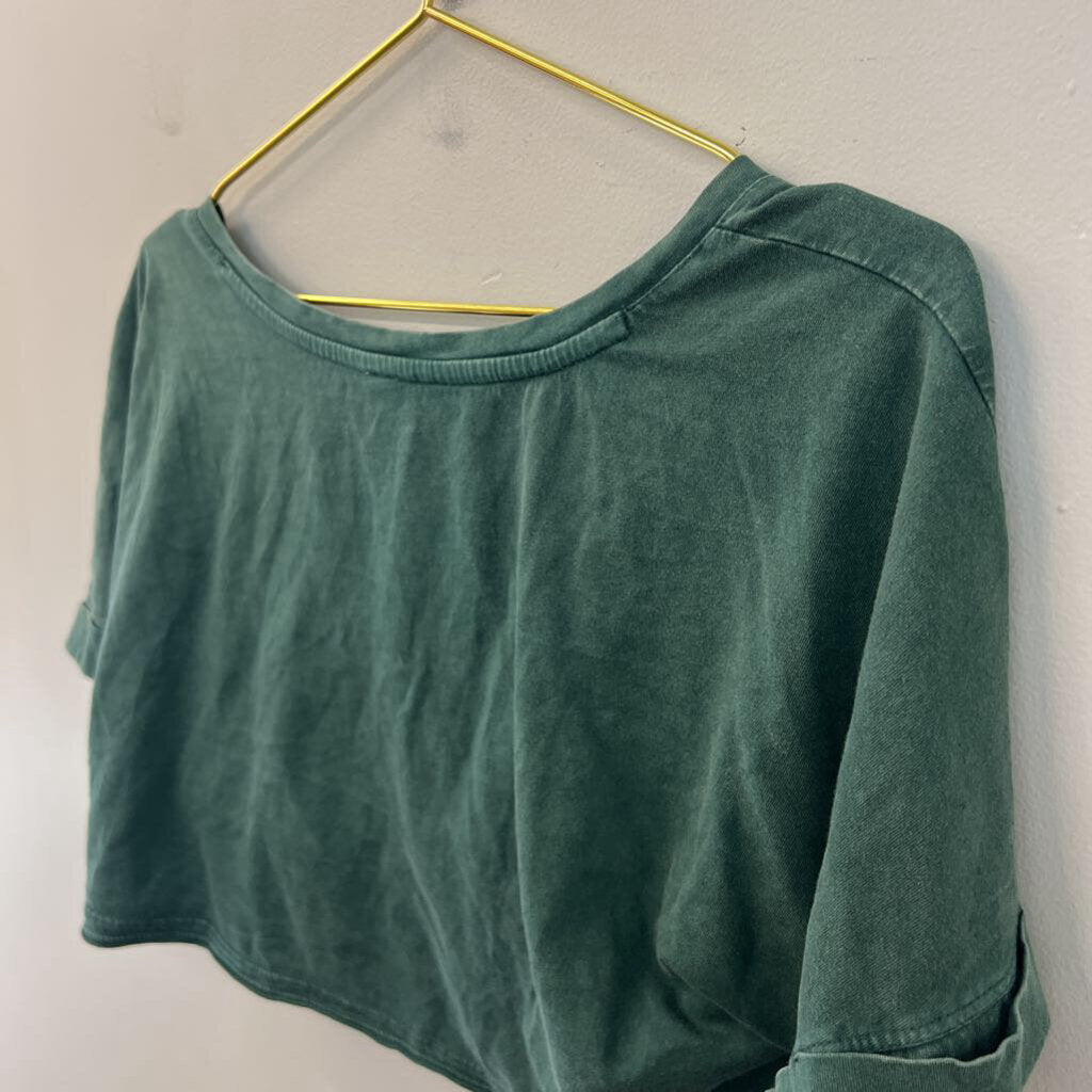 Daily Practice Green Cropped Knot Open Front Short Sleeve Top Medium