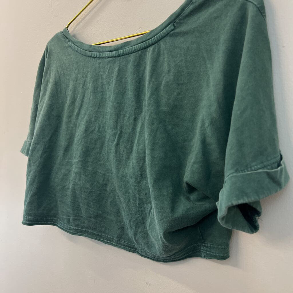 Daily Practice Green Cropped Knot Open Front Short Sleeve Top Medium