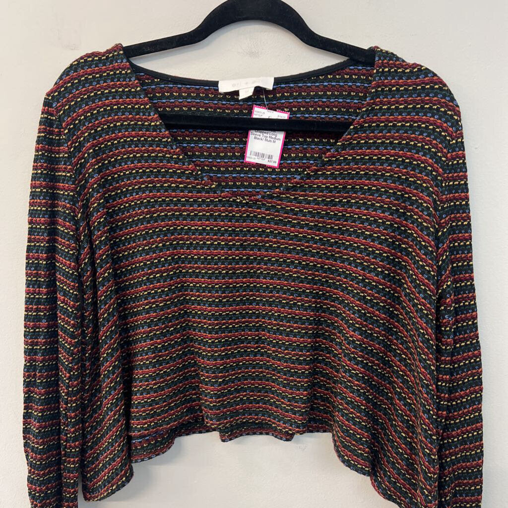 Eri and Ali Black/ Multi Striped Knit Cropped Long Sleeve Top Medium