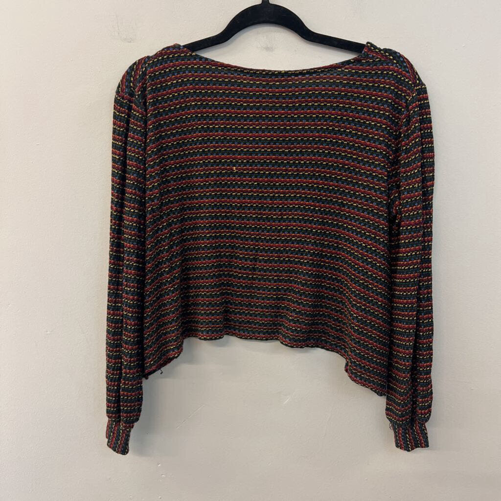 Eri and Ali Black/ Multi Striped Knit Cropped Long Sleeve Top Medium