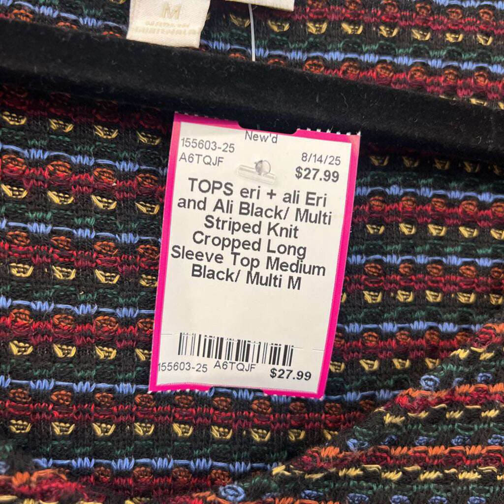 Eri and Ali Black/ Multi Striped Knit Cropped Long Sleeve Top Medium