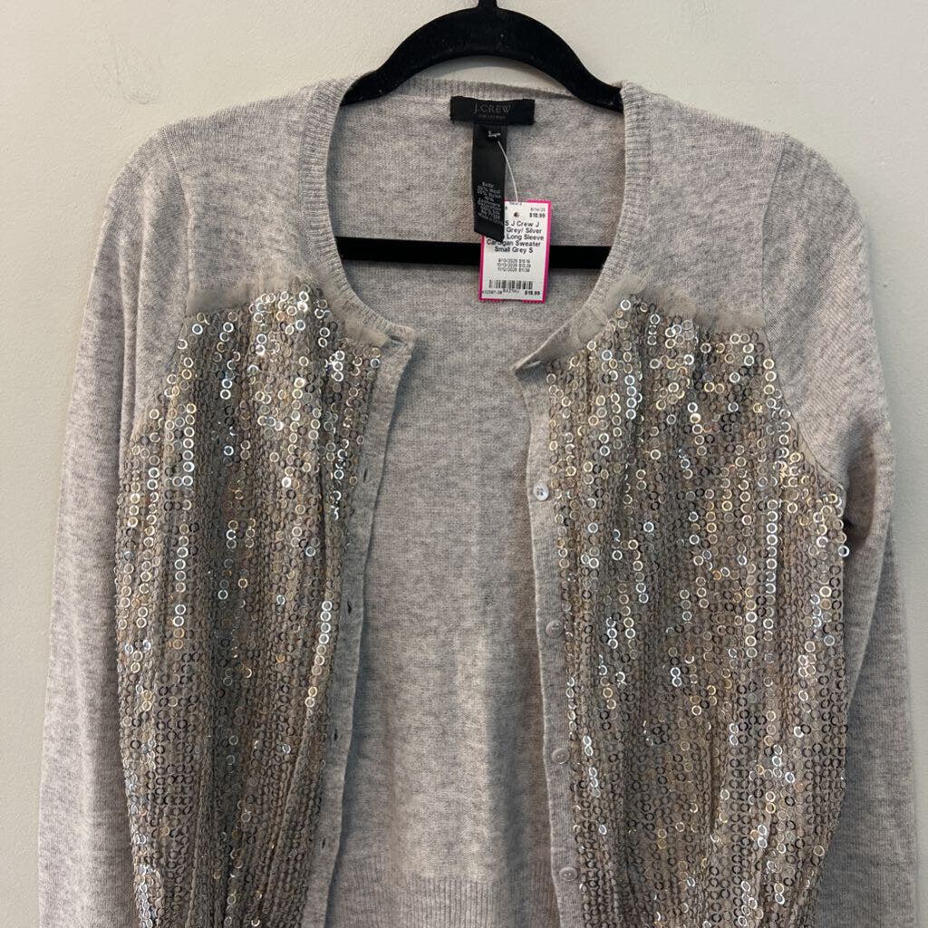 J Crew Grey/ Silver Sequin Long Sleeve Cardigan Sweater Small